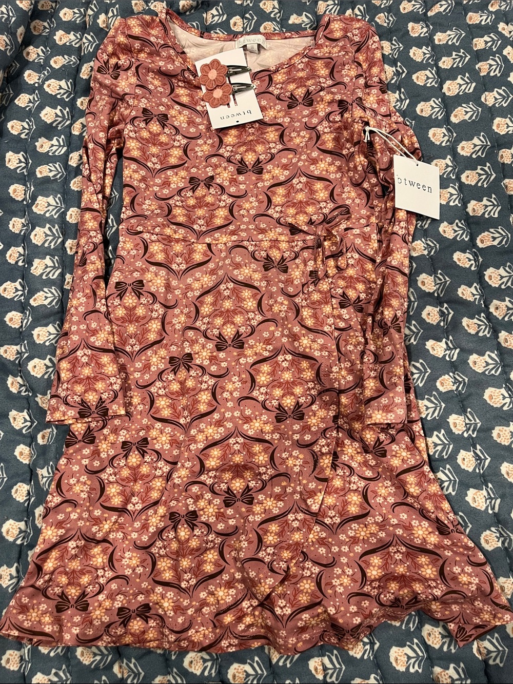 Floral Print Long-Sleeve Dress in Mauve with coordinating hair clips